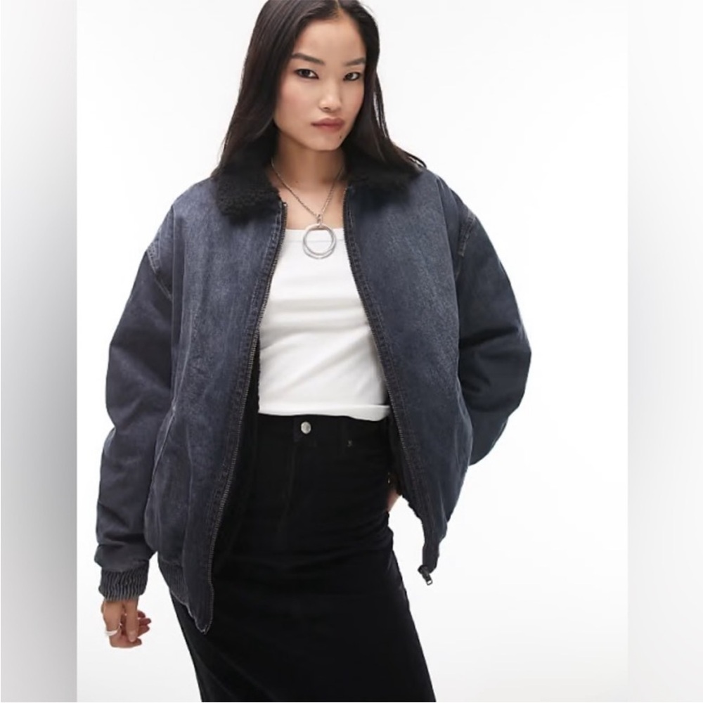 ISO IN SEARCH OF! Topshop Denim and Borg Bomber Jacket - Sz 2 or 4 - Picture 2 of 6